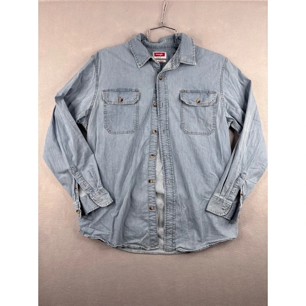 Wrangler Flex for Comfort Mens Light Wash Denim Button Down Shirt Large L